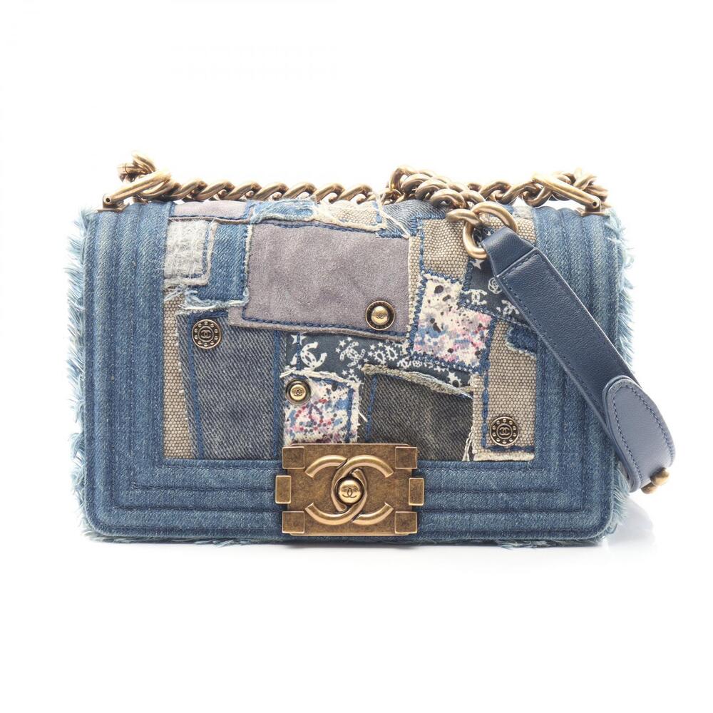 Chanel Boy Patchwork Shoulder Bag Denim Navy Blue